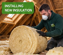 Illustration of insulation installer handling loft insulation